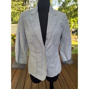 Mango MNG Suit Seersucker Blazer Blue White Striped Cotton Jacket Womens Size 8